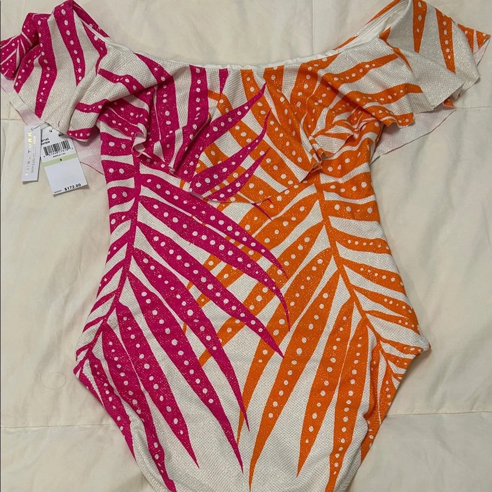 NWT🧡TRINA TURK🩷Tropics Off The Shoulder One Piece Swimsuit- Pink & Orange Ruffle